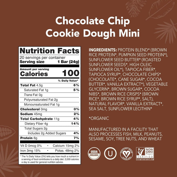 Organic Plant-Based Protein Bars, Chocolate Chip Cookie Dough, 20 Count, 24g Bars, Vegan, Low Sugar, Gluten Free, Paleo, Low Carb, Non-GMO, Stevia Free, Soy Free, No Sugar Alcohols