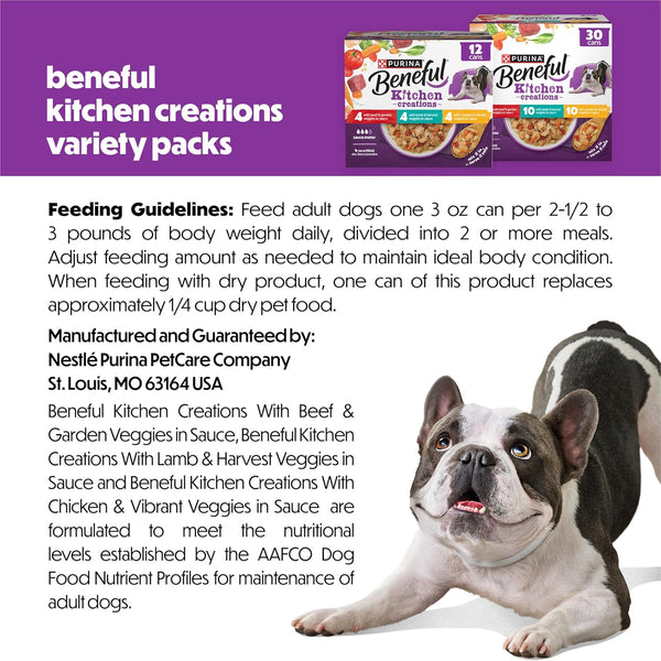 Purina Beneful kitchen creations 30-pack wet dog food variety pack beef chicken lamb 3 oz cans