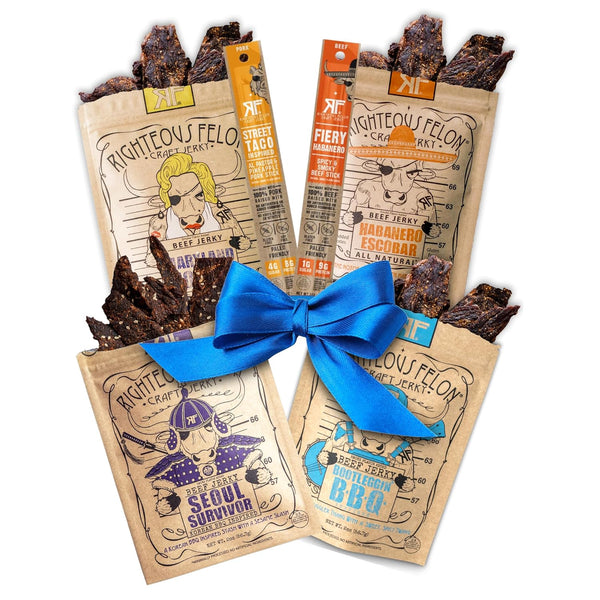 Righteous Felon Beef Jerky Variety Pack, 8 Pack Sampler, Gluten Free, High Protein, Keto, Low Sugar