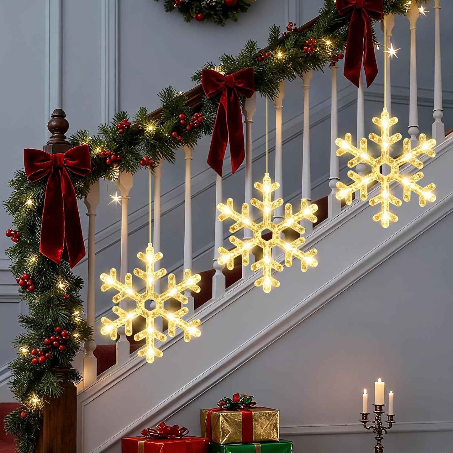 3Pack Christmas Window Lights Decorations with Timer,Battery Powered Christmas Hanging Warm White Lighted Snowflake Shaped LED Sucker for 2026 Xmas Tree Fireplace Indoor Decor