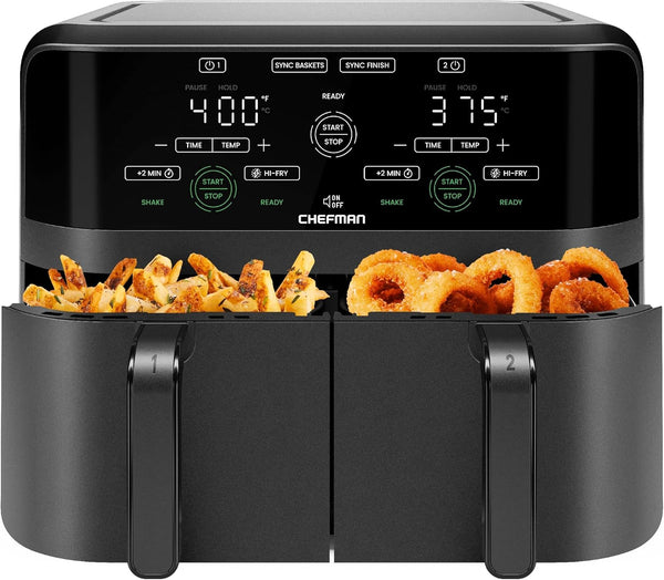 CHEFMAN 6 Quart Dual Basket Air Fryer Oven with Easy View Windows, Sync Finish, Hi-Fry, Auto Shutoff, 2 Independent 3Qt Nonstick Dishwasher Safe Frying Baskets, Digital Double Air Fryer - Black