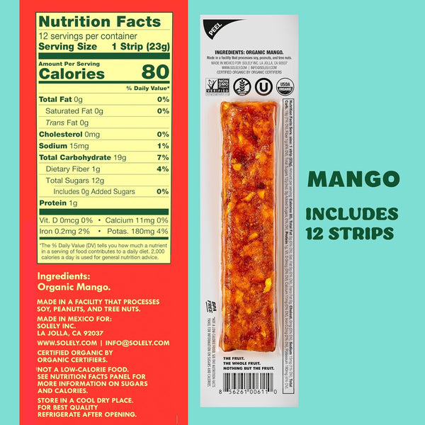 Organic Mango Fruit Jerky - 12 Individually Wrapped Fruit Strips - Snacks, Vegan