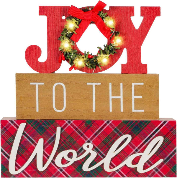 Christmas Decorations for Home LED Lighted JOY Decor Farmhouse Wooden Wreath Tabletop Merry Christmas Signs Rustic Holiday Block cIndoor Decorative Sign