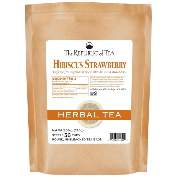 The Republic of Tea Hibiscus Strawberry Tea 36 Tea Bags Herbal Blend Caffeine Free Gluten Free
