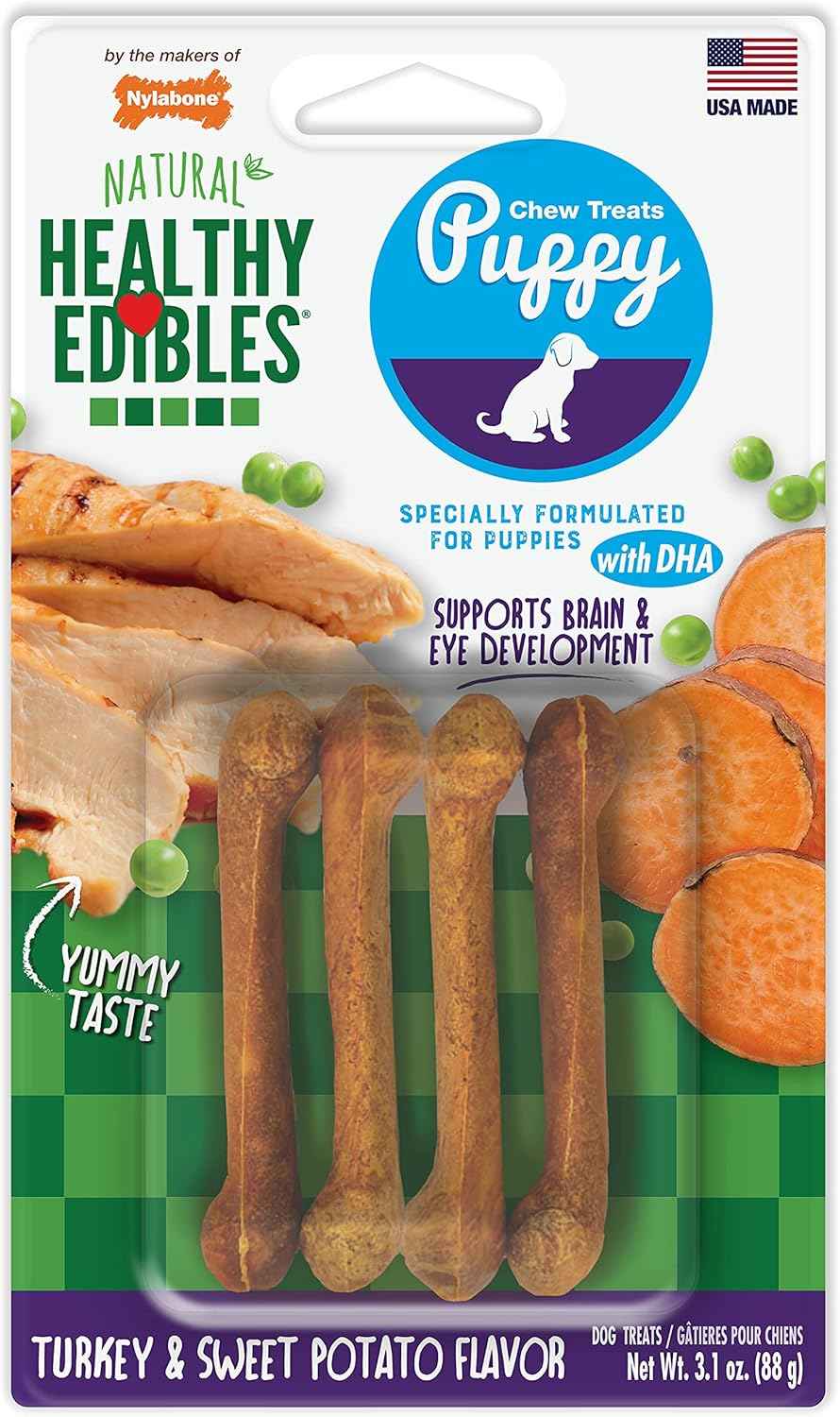 Nylabone Healthy Edibles Natural Puppy Chews Long Lasting Treats for Puppies, Roast Beef, Apple & Bacon Flavor, X-Small/Petite (3 Count)