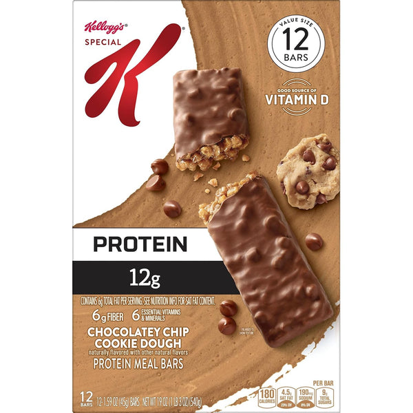 Special K Bar Protein Meal Bars, 12g Protein Snacks, 12 Count, 19oz Box, Chocolatey Chip Cookie Dough
