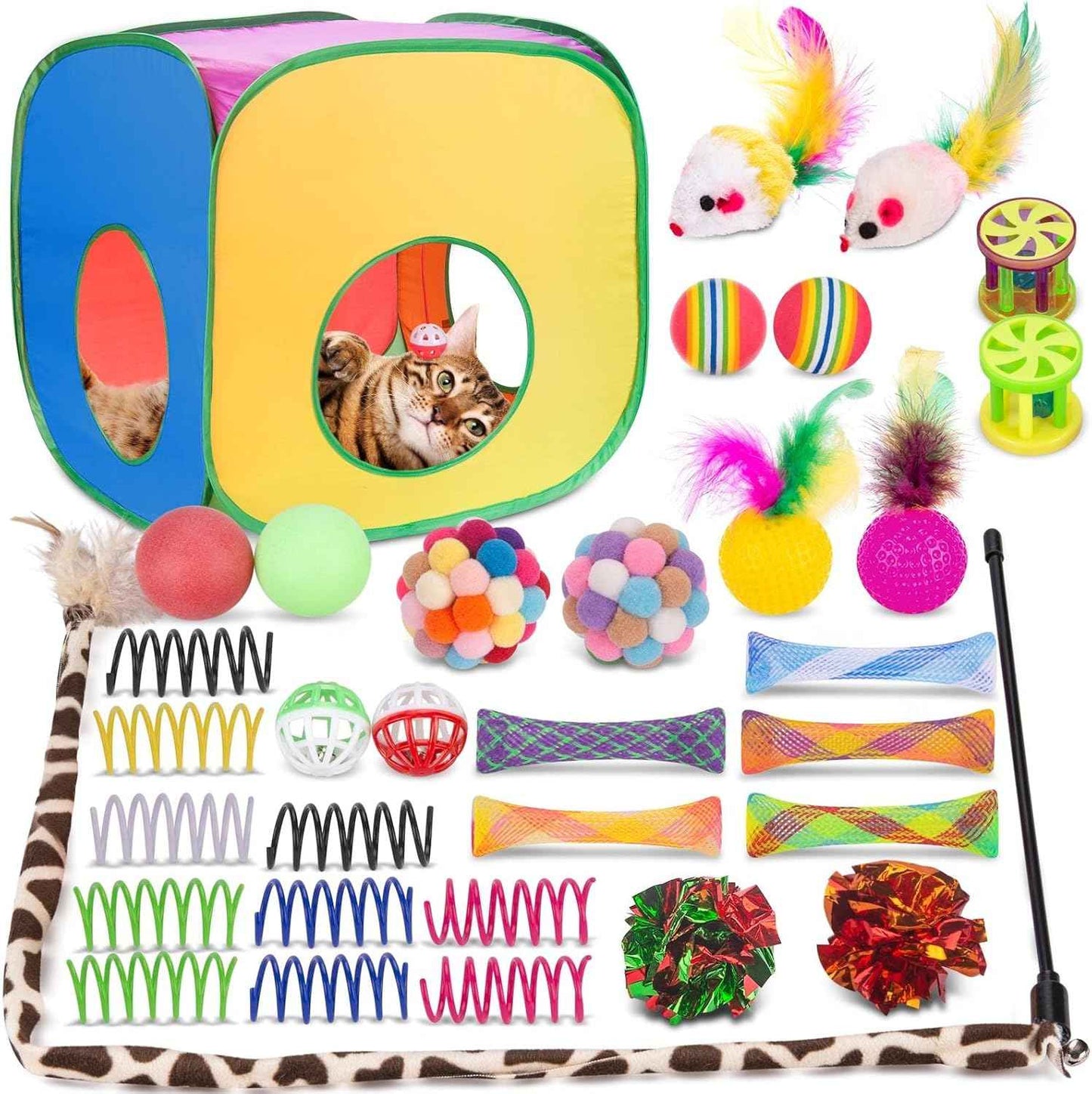 Retro Shaw Cat Toys Pack 33Pcs, Interactive Kitten Toys for Indoor Cats Kitty with Collapsible Play Tunnel Tube Tent Feather Wand Teaser Bell Fuzzy Ball Springs Mouse Toy