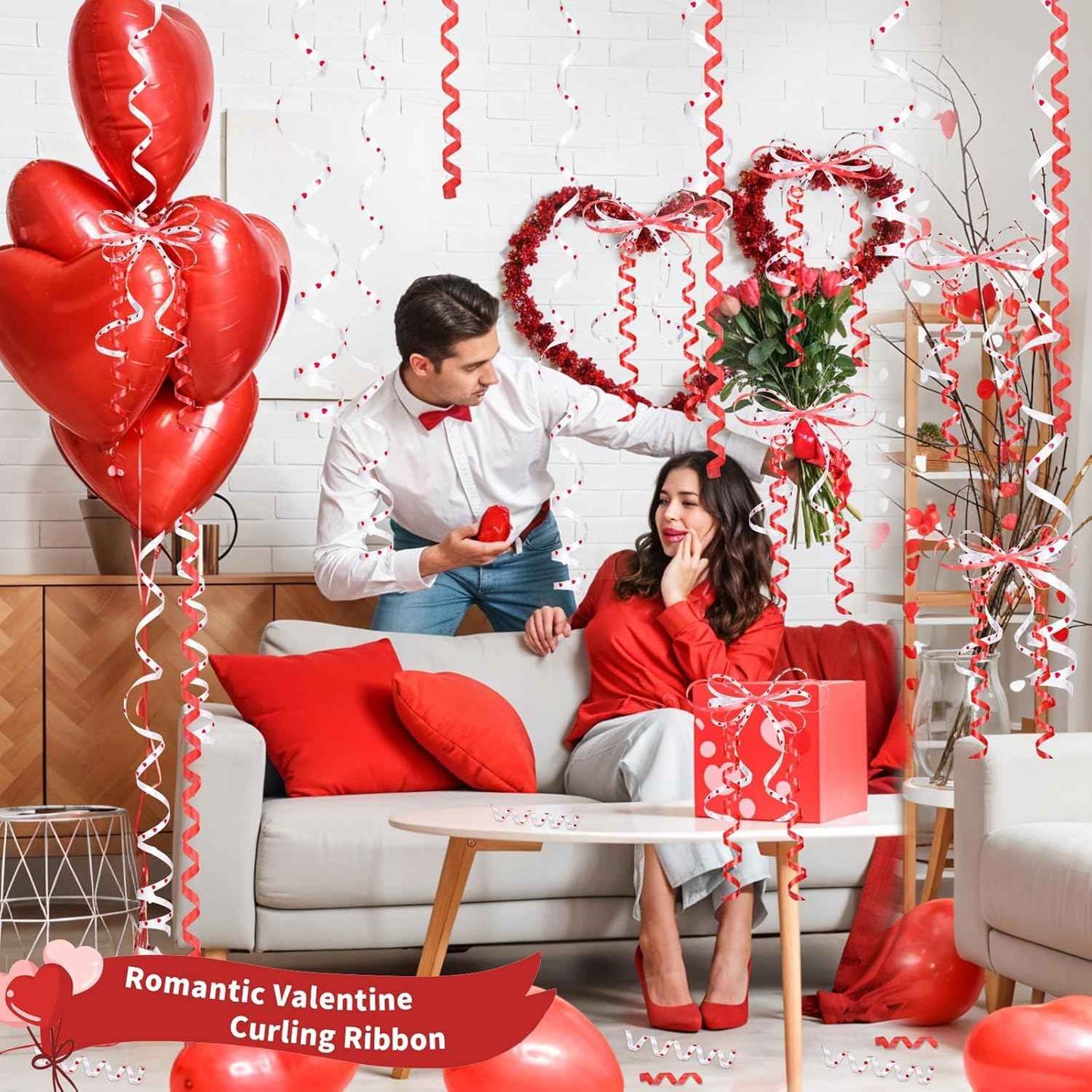 600 Yards Valentine Ribbon 1/5 Inch Heart Curling Ribbon 2 Rolls 300 Yard Per Roll White Red Balloon String Ribbons for Gift Wrapping Birthday Party Valentine's Day Decorations