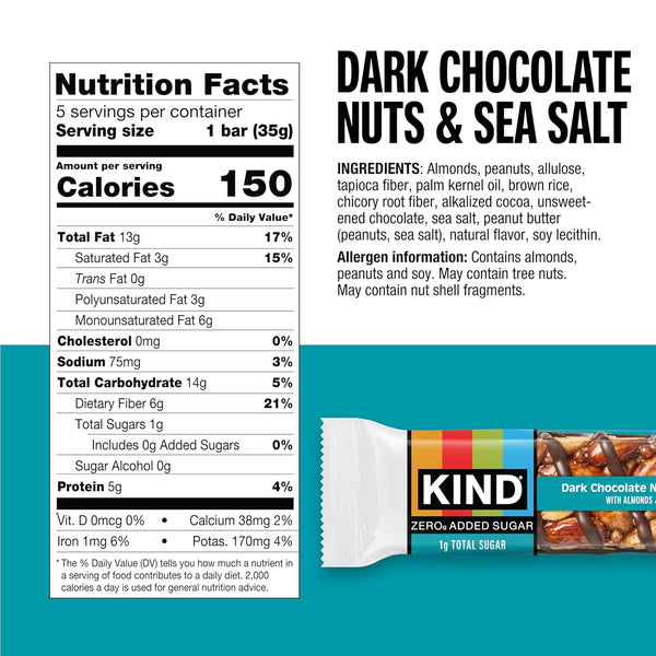 Kind Zero Added Sugar Snacks Bars, Dark Chocolate Nuts & Sea Salt, Gluten Free, High Fiber, Keto Snacks, 5g Protein, 5 Count