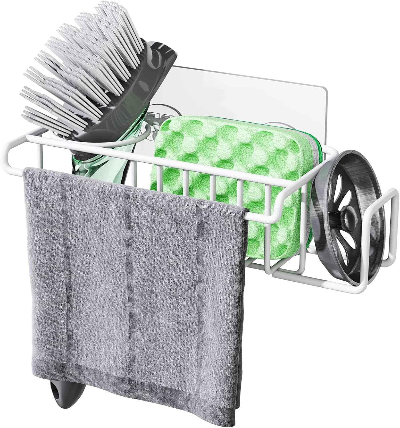 HapiRm 4 in 1 Sink Caddy Sponge Holder, SUS304 Stainless Steel Kitchen Brush Holder + Dish Cloth Hanger + Soap Rack + Sink Stopper Rack + Sponge Caddy for Kitchen - Silver