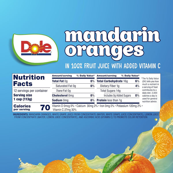 Dole Mandarin Oranges in 100% Juice Snacks, 4oz 12 Cups, Gluten & Dairy Free, Bulk Lunch