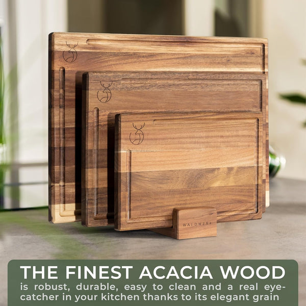 WALDWERK Acacia Wood Cutting Board Set with Stand for Kitchen