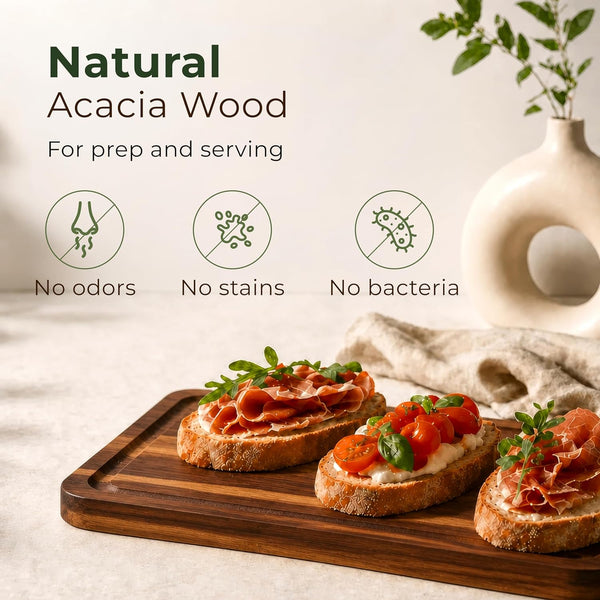 Acacia Wood Cutting Board Set of 3 with Holder and Juice Grooves for Kitchen Use