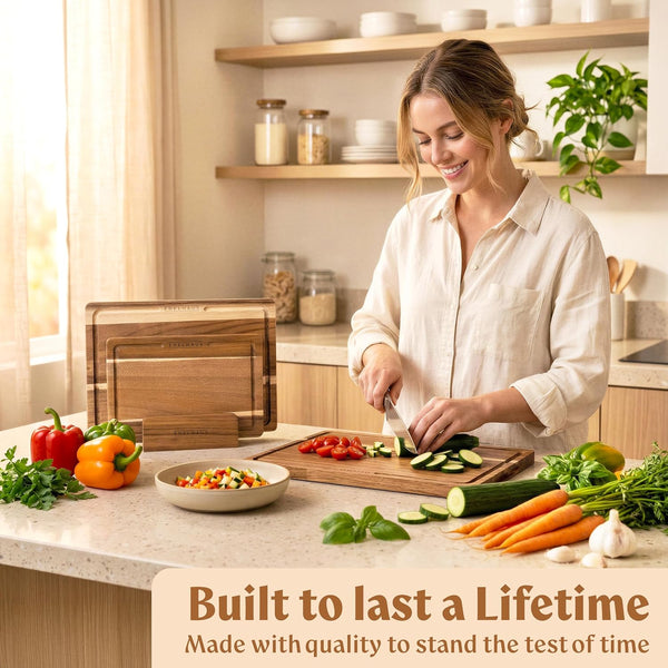 Acacia Wood Cutting Board Set of 3 for Kitchen with Deep Juice Groove