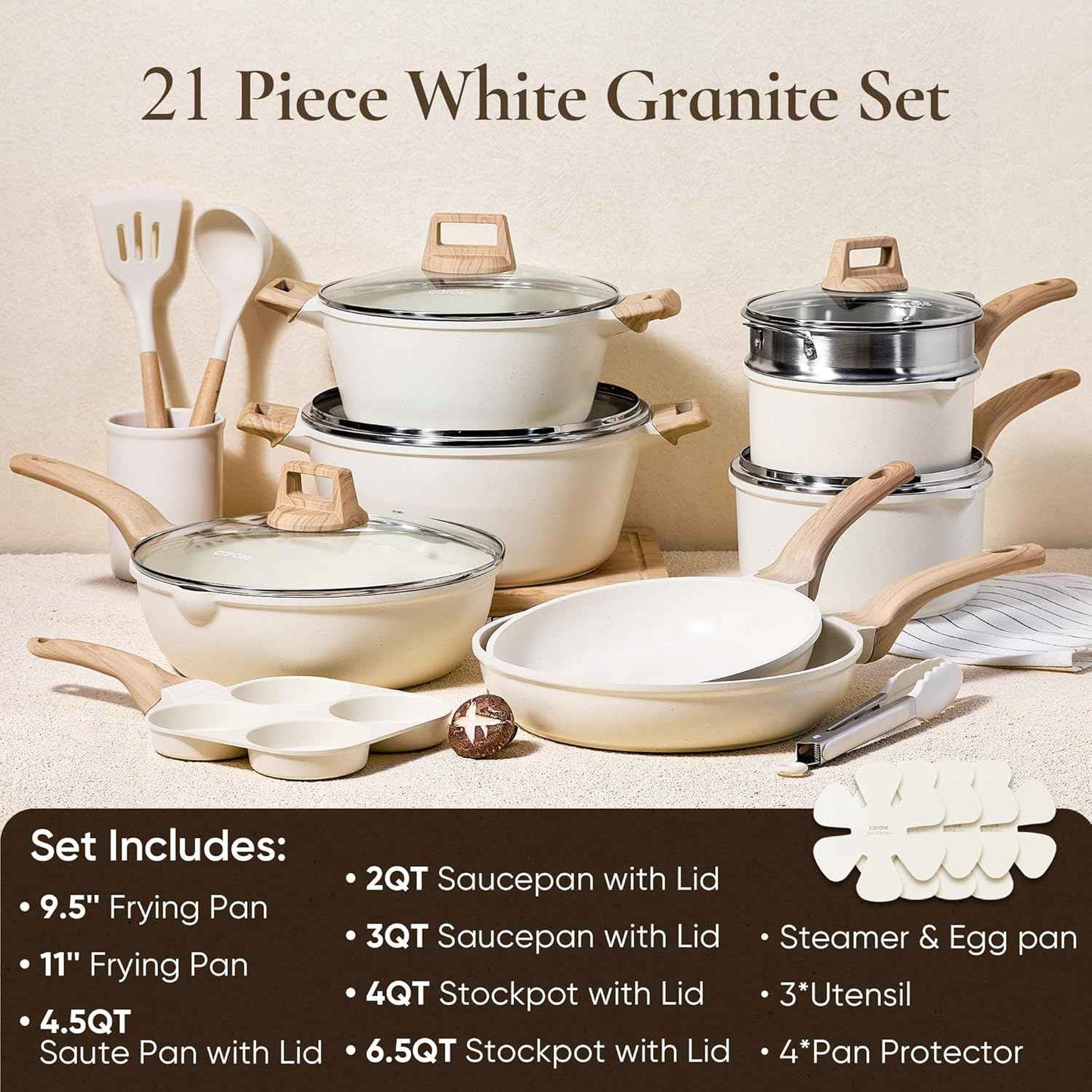 CAROTE 21Pcs non-stick cookware set, induction compatible, white granite finish, PFOS and PFOA free cooking set