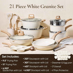 CAROTE 21Pcs non-stick cookware set, induction compatible, white granite finish, PFOS and PFOA free cooking set