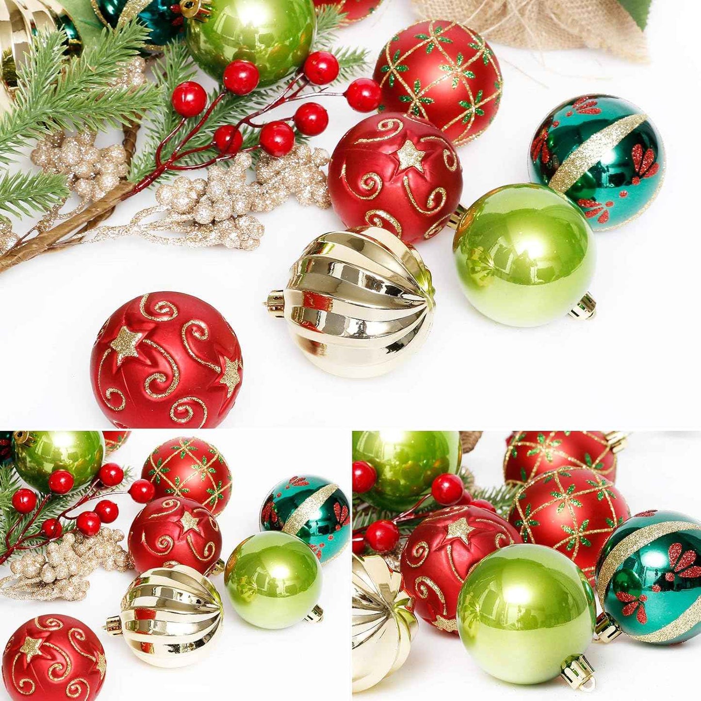 ROSELEAF 30ct 2.36" Shatterproof Christmas Tree Ornaments - Red, Green, Gold Plastic Hanging Balls - Christmas, Wedding And Engagement Occasion