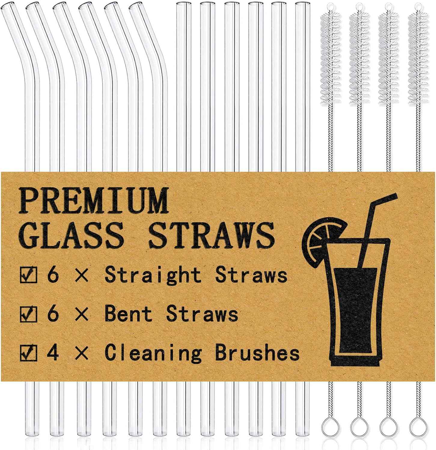 Piteno® 16-Pack Reusable Glass Straws Set, Clear Glass Drinking Straws, 8.5''x10MM, Set of 6 Straight and 6 Bent with 4 Cleaning Brushes, Perfect for Smoothies, Milkshakes, Juice, Tea