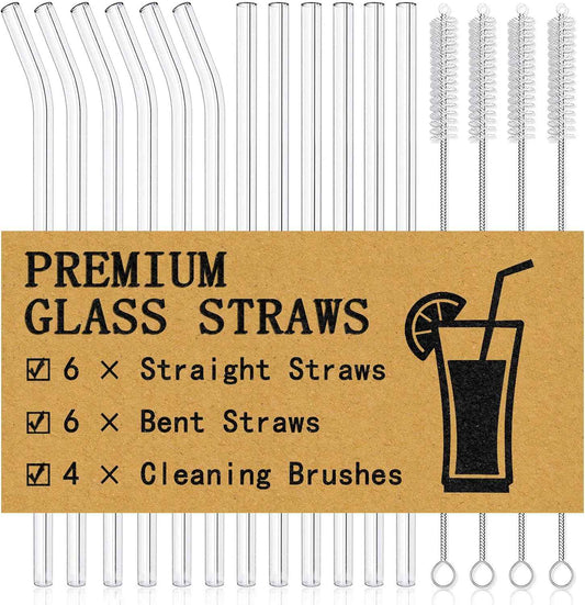 Piteno® 16-Pack Reusable Glass Straws Set, Clear Glass Drinking Straws, 8.5''x10MM, Set of 6 Straight and 6 Bent with 4 Cleaning Brushes, Perfect for Smoothies, Milkshakes, Juice, Tea