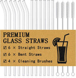Piteno 16-Pack Reusable Clear Glass Straws Set with 4 Brushes, 8.5''x10MM, Straight and Bent for Smoothies, Juice, Tea