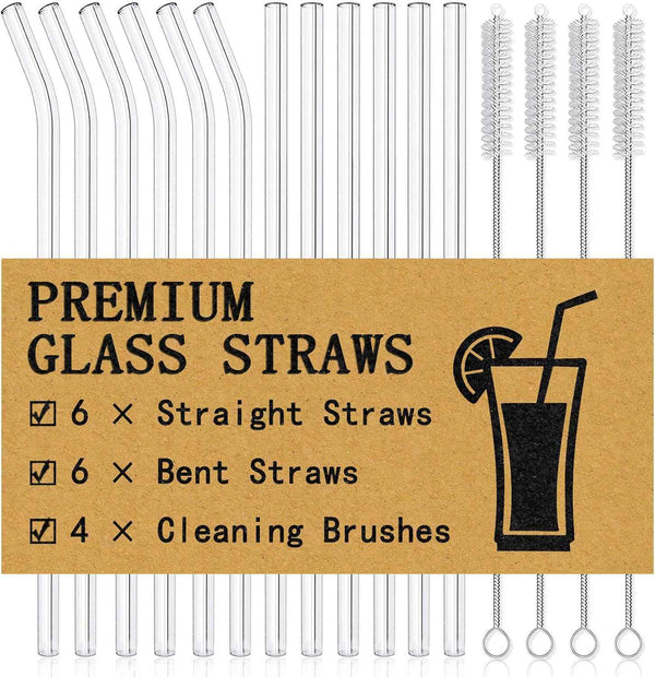 Piteno 16-Pack Reusable Clear Glass Straws Set with 4 Brushes, 8.5''x10MM, Straight and Bent for Smoothies, Juice, Tea