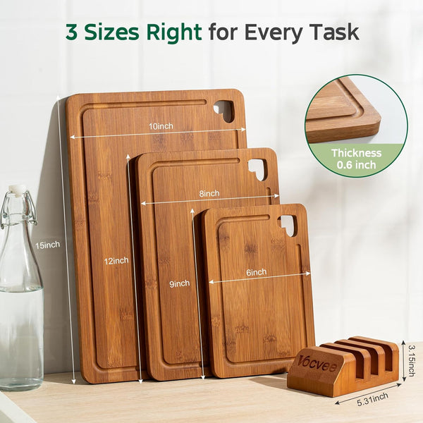 Bamboo cutting board set with storage stand for kitchen