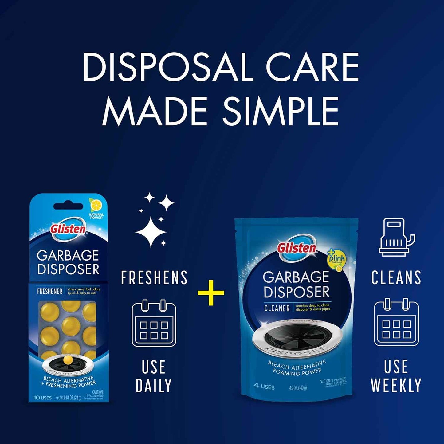 Glisten Garbage Disposer Cleaner and Freshener, Sink Disposal Odor Eliminator with Foaming Action, Lemon Scent, Made in the USA, 4 Packets