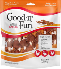 Good 'n' Fun Triple Flavor Kabobs Chews for All Dogs, 24 Ounces, with Beef Hide, Chicken, and Duck