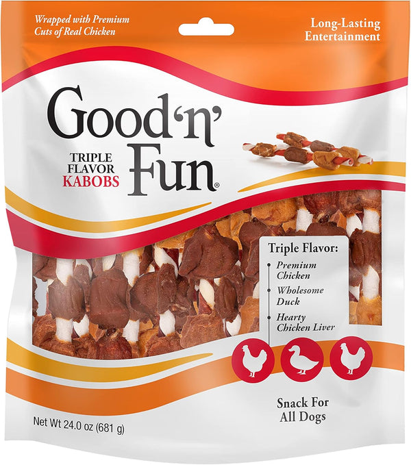Good 'n' Fun Triple Flavor Kabobs Chews for All Dogs, 24 Ounces, with Beef Hide, Chicken, and Duck