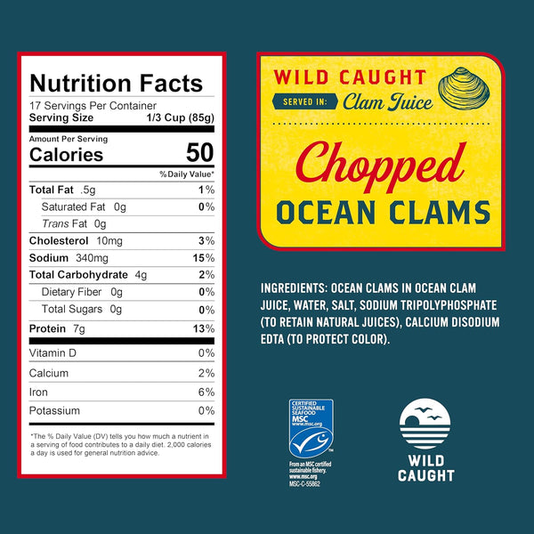 snow's ocean chopped clams can, 51 oz can, 7g protein, gluten free, no msg, 99% fat free, keto friendly