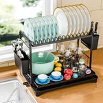 2-Tier Stainless Steel Dish Rack with Utensil Holder and Drainboard