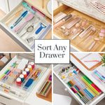 6-piece clear plastic drawer organizer set for makeup vanity and office desk