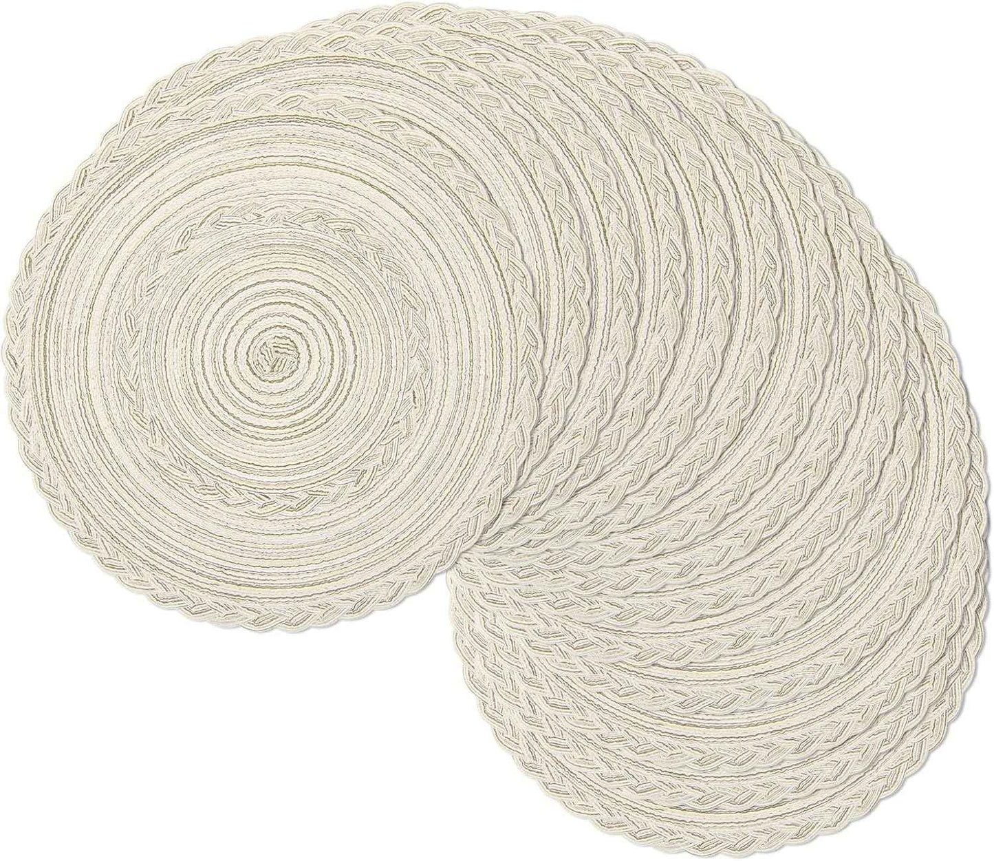 SHACOS 15 inch Round Braided Placemats Set of 6 Non Slip Heat Resistant Cotton Polyester Table Mats Washable Place Mats for Kitchen Dining Party Table Decor (Beige, 6)