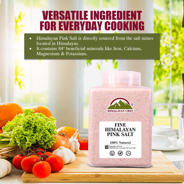 himalayan chef pink himalayan salt, fine grain, 5 lbs, plastic jar, pure, natural, kosher, non-gmo, mineral-rich