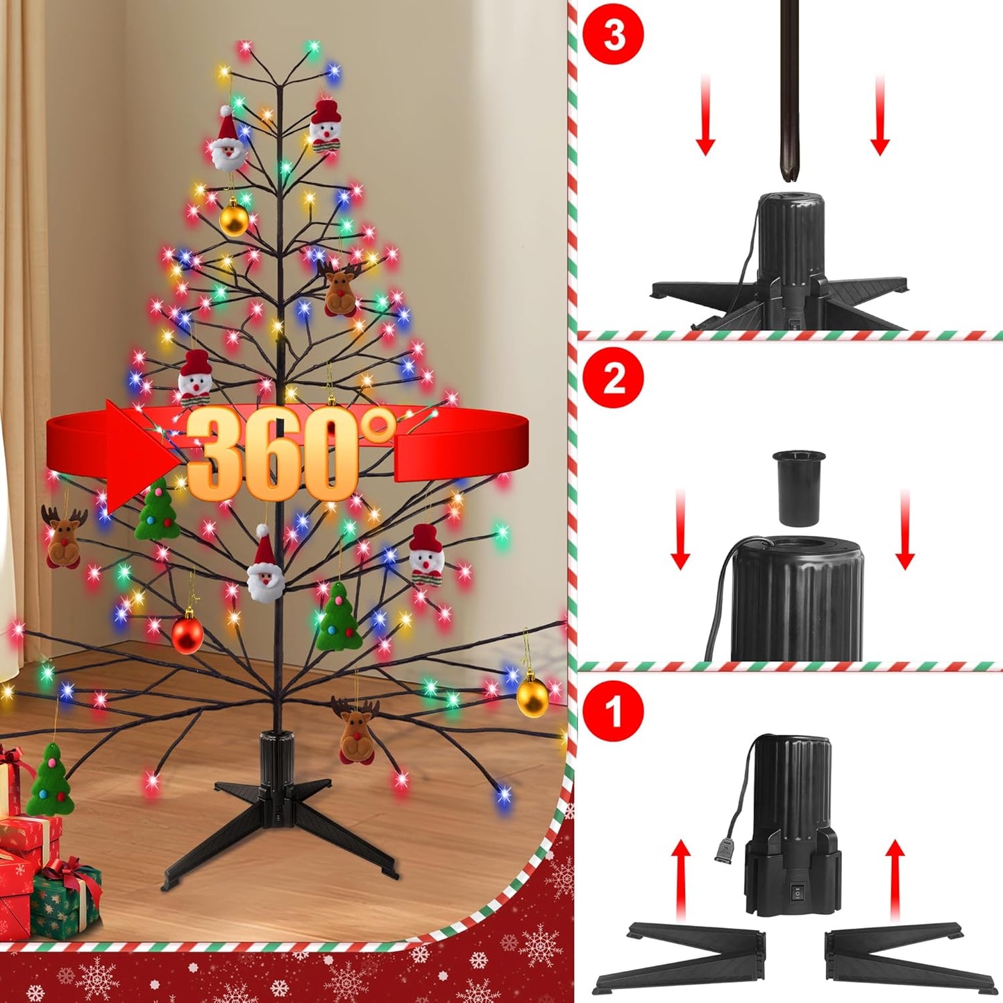 Stright 360 Degree Rotating Christmas Tree Stand, Revolving Artificial Tree Base for Tree Up to 7.5FT, Spinning Christmas Tree Stand with 2 Settings Trunk Diameter and One Built-in Electrical Outlet