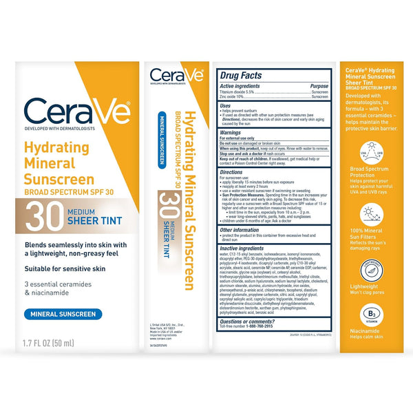 ceraVe hydrating mineral sunscreen spf 30 sheer tint medium 1.7 fl oz