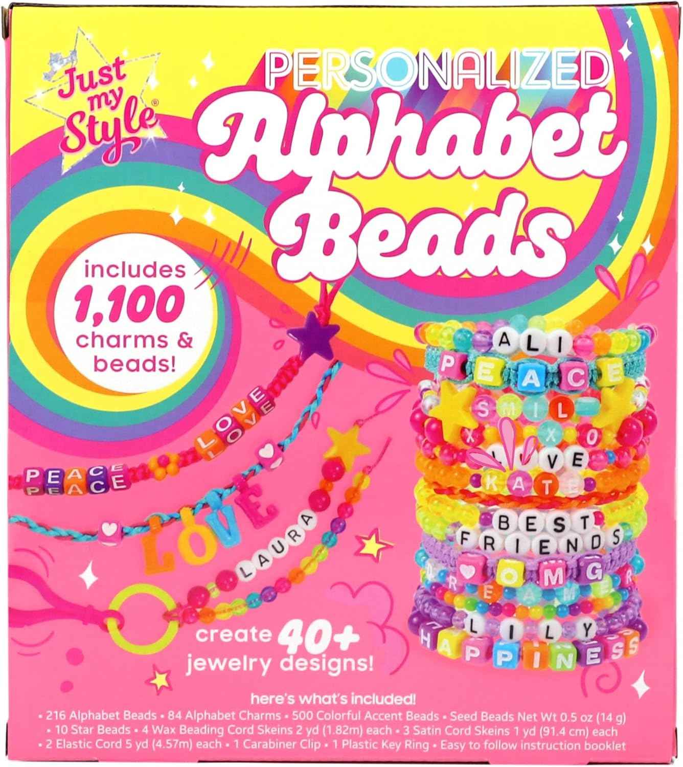 Just My Style ABC Beads by Horizon Group Usa, 1000+ Charms & Beads, Alphabet Charms, Accent Seed Star Wax Beading Cord, Satin Cord Key Ring Included, Bright, Small