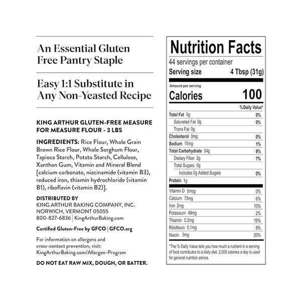 king arthur measure for measure gluten-free flour, 1:1 substitute for wheat flour, non-gmo, kosher certified, 3 lbs
