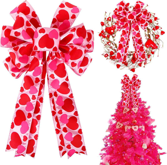 Valentine Tree Topper Bow with Heart Decorations, 11.4”x19.6” Large Red Pink Valentines Wreath Bow Decor for Valentine's Day Wedding Holiday Party Wall Home Front Door Decorative
