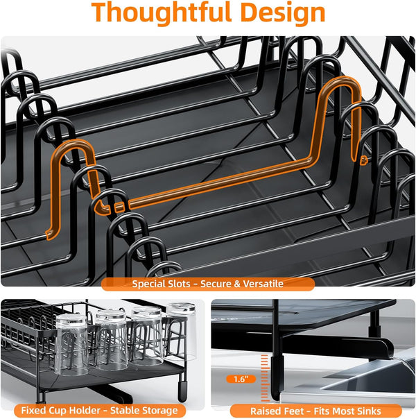 Adjustable dish drying rack for kitchen countertops, multifunctional with utensil and cup holder