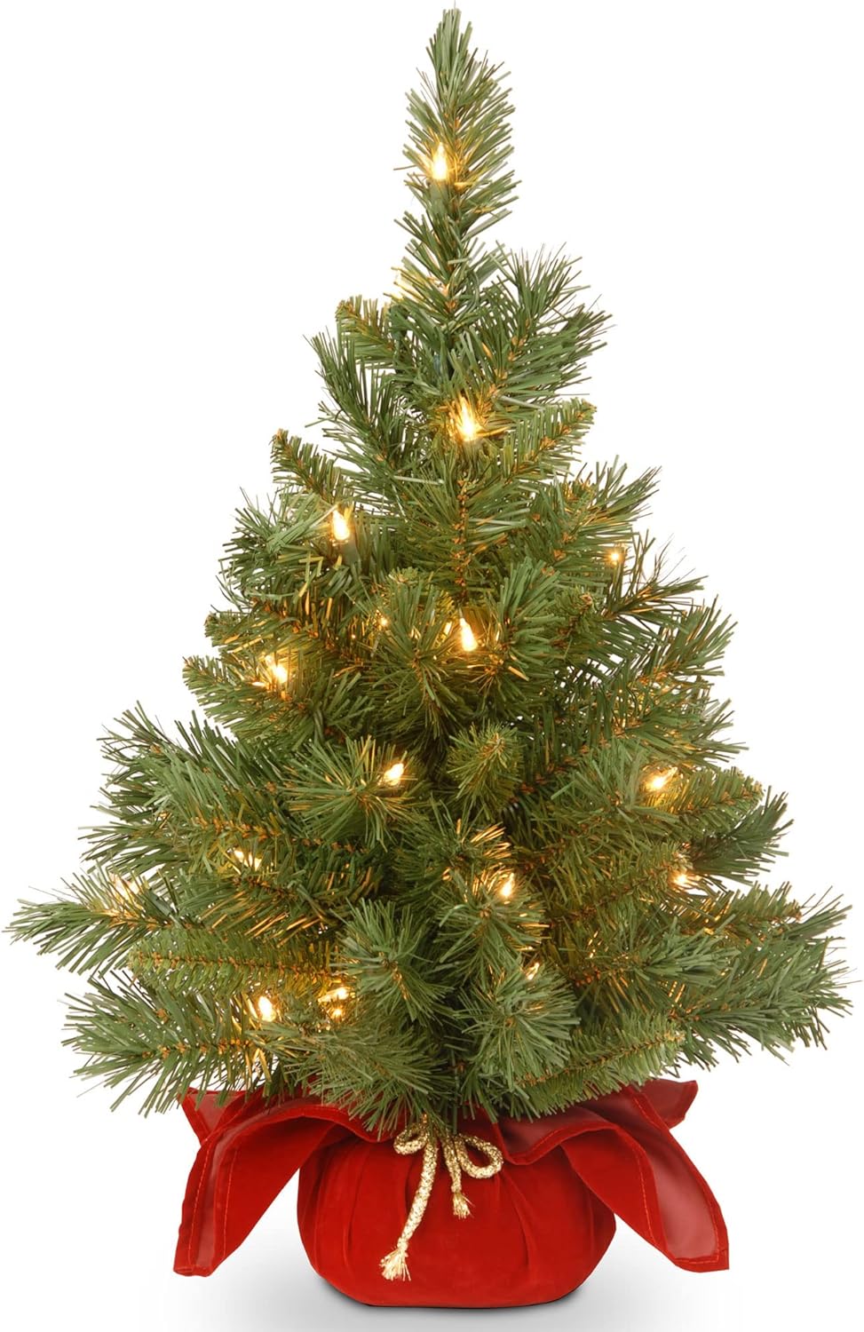 National Tree Company 24 in Pre-Lit Majestic Fir Mini Artificial Christmas Tree, 35 Clear Lights, 71 Tips, Red Cloth Base, Green
