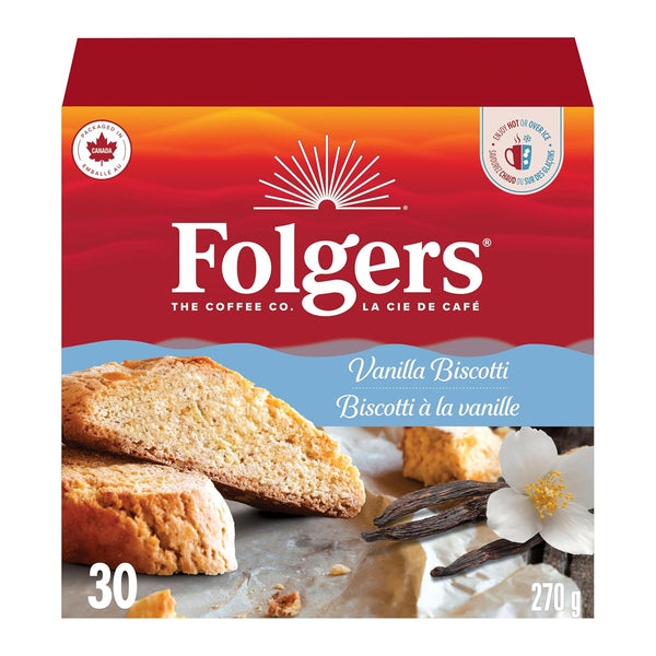Folgers Vanilla Biscotti Coffee K-cups, 30-count box, 270g, imported from Canada