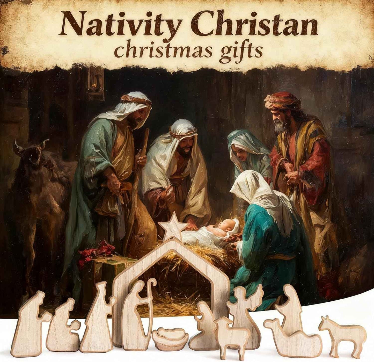 NEROSUN Nativity Scene Set, 13Pcs Wooden Christmas Nativity Scene Miniature Holy Family Figurines, Minimalism Boho Tabletop Christmas Manger Decorations for Indoor Home Mantel Display