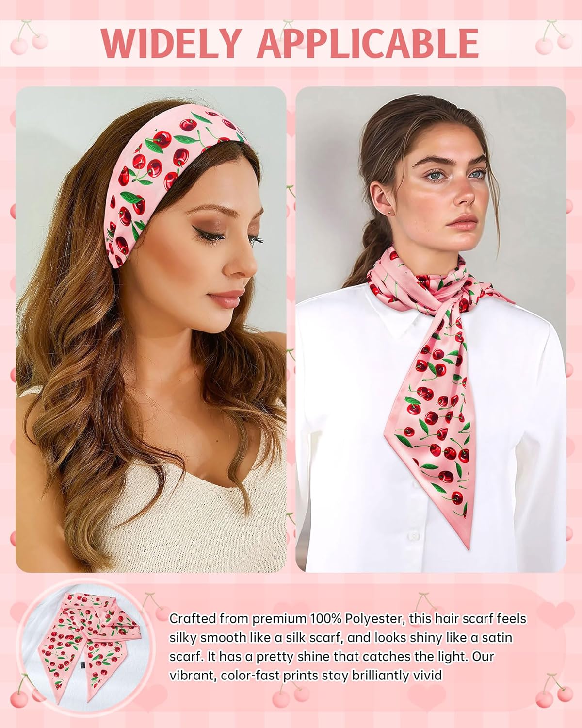 Mesovor Cherry Head Scarf Hair Neck Scarves for Women, Fashion Purse Bag Scarfs | Long Thin Satin Headscarf Headbands