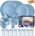 Wheat Straw Dinnerware Sets,64-Piece Black Plates and Bowls Sets for 8-Unbreakable,Reusable Plastic Dish Set-Dinner Plate/Dessert Plate/Cereal Bowl/Cup/Utensils-Microwavable Dishwasher Safe 64P-BLACK