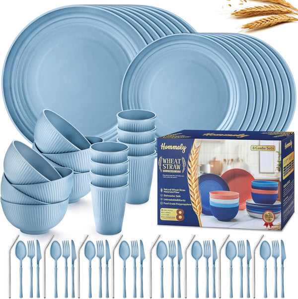 Wheat Straw Dinnerware Sets,64-Piece Black Plates and Bowls Sets for 8-Unbreakable,Reusable Plastic Dish Set-Dinner Plate/Dessert Plate/Cereal Bowl/Cup/Utensils-Microwavable Dishwasher Safe 64P-BLACK