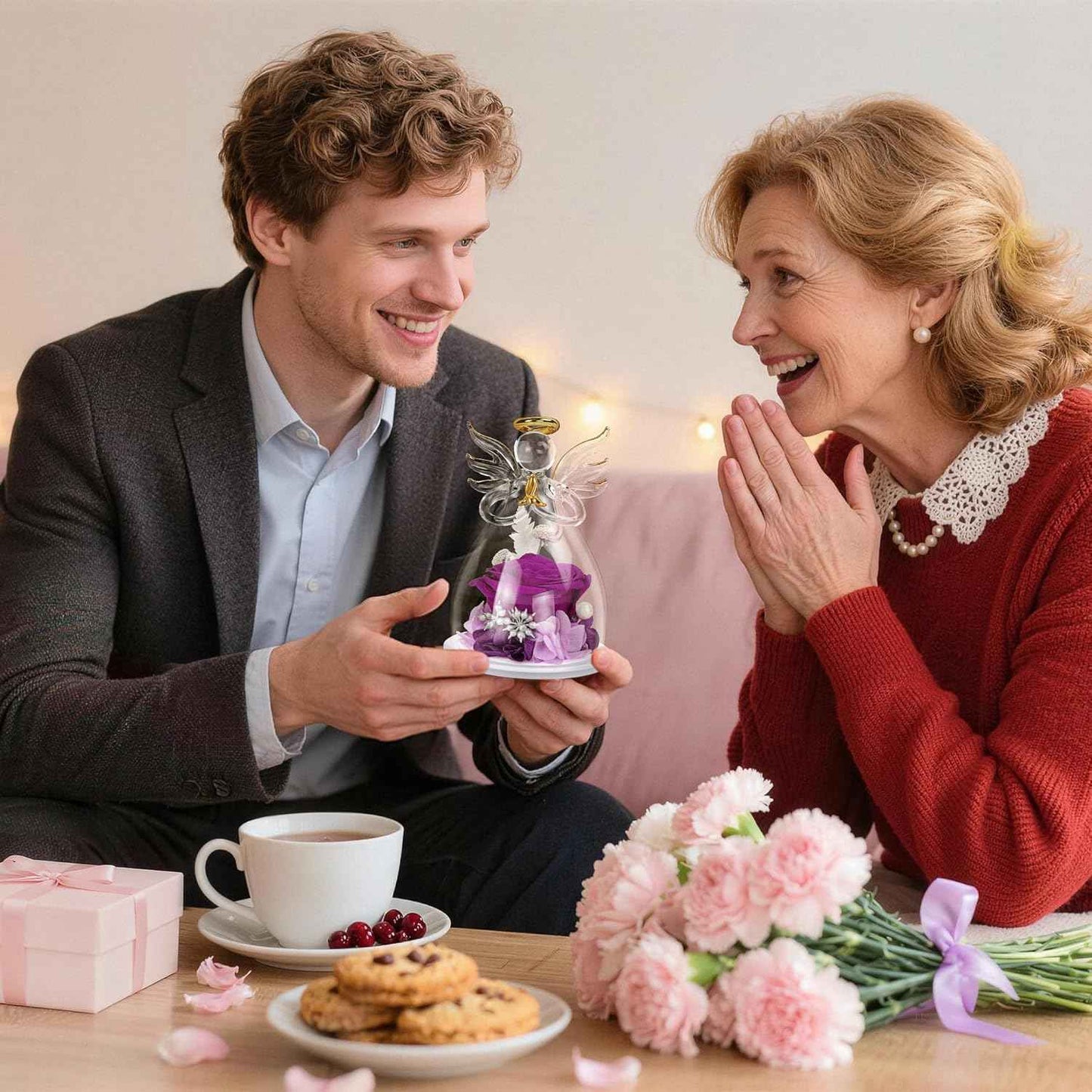 Valentines Day Rose Gifts for Her,Fresh Flowers for Delivery,Birthday Gifts for Women Mom,Preserved Flowers in Glass Angel Figurine,Angel Mothers Day Rose Gift for Mom Grandma,Purple Gift Valentines