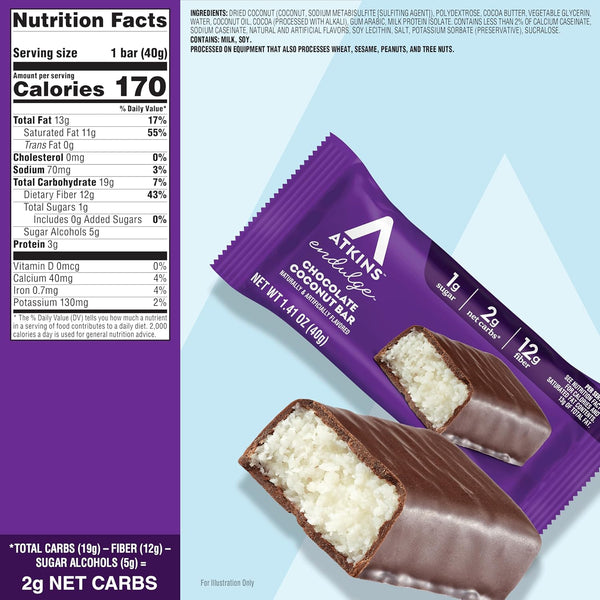 Atkins Endulge Chocolate Coconut Flavored Snack Bar, Low Sugar, High Fiber, 16 Count