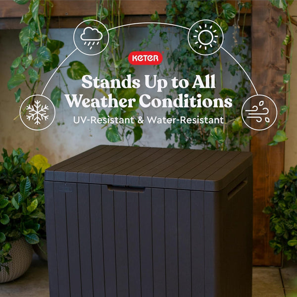 Keter City 30 Gallon Resin Outdoor Storage Box and Patio Furniture Side Table