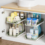 Delamu 2-Tier Multi-Purpose Bathroom Under Sink Organizers and Storage, Stackable Kitchen Pantry Organization, Pull Out Medicine Cabinet Organizer with Movable Dividers, White, 2 Pack